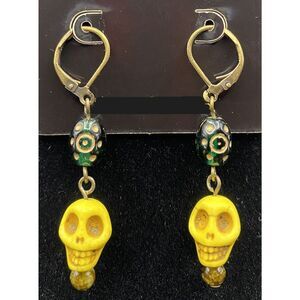 Handmade Yellow Skull & Green Glass Bead Bronze Tone Earrings by Neanie-Bot